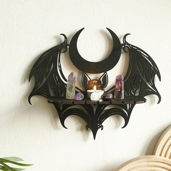 Uutvery Gothic Bat Shelf Crystal Shelf,Wooden Bat Wall Shelf,Halloween Black Bat Moon Hollow Pattern Floating Shelf,Halloween Wall Decor for Home Bedroom Living Room Kitchen