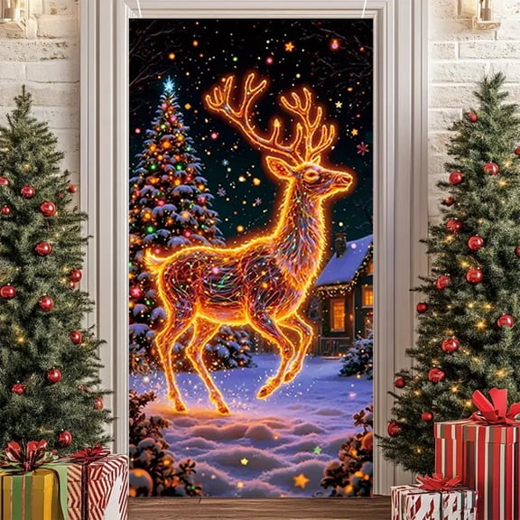 Uutvery Hanging Reusable Xmas Door Covers, Christmas Door Cover with Glowing Effect, Seasonal Display Banner for New Year Decor, Indoor Outdoor Christmas Decoration, 35.43x70.87 inches