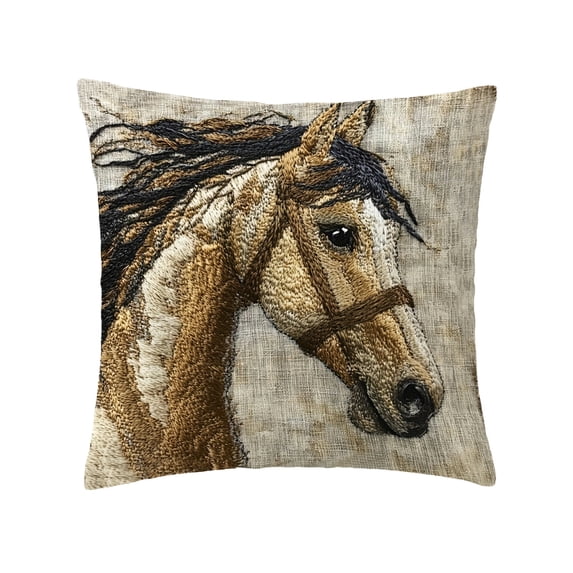 Uutvery Horse Print Pillow Cover 17.7×17.7 Inches, Short Plush Decorative Throw Pillowcase, Cute Embroidered Style Sofa Bed Decor, Soft Polyester Home Accent