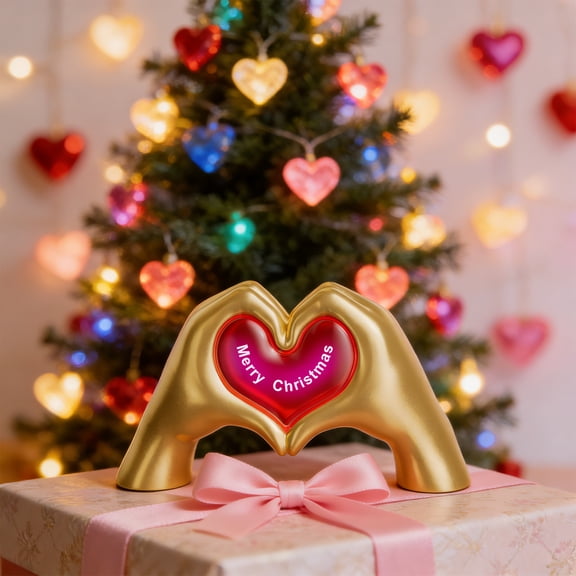 Uutvery LED Heart Gesture Valentine‘s Day Ornament, Golden Resin Love Hands Lighting Decor, Romantic Glowing Figurine for Home Office Desk, Festive Light Up Gift for Anniversary