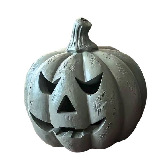 Uutvery Medium Matte Gray Carved Pumpkin LED Luminary with Expressive Face for Entryway Lighting and Glowing Jack O Lantern Figurine for Tabletop Atmosphere Setup