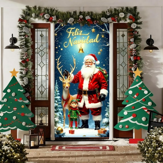 Uutvery Merry Christmas Door Cover Winter Snowman Christmas Door Cover Seasonal Display Banner with Santa Claus Design for Front Door Wall Decor During Holiday Party Gatherings 35x71 Inch