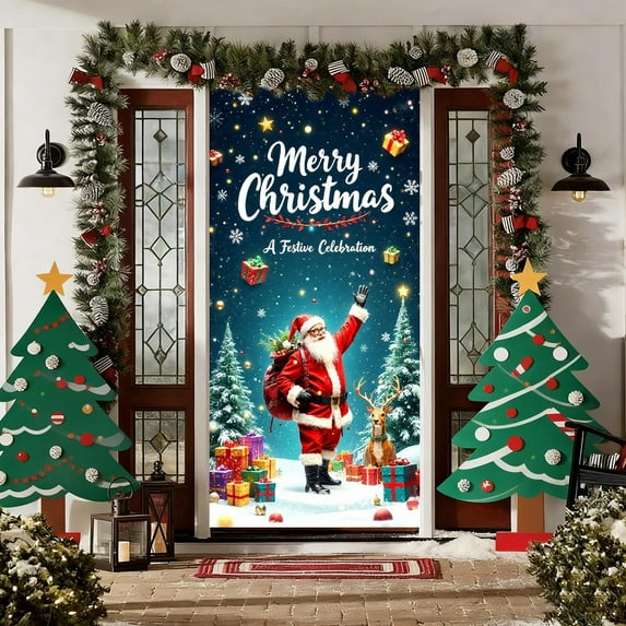 Uutvery Merry Christmas Door Cover Winter Snowman Christmas Door Cover Seasonal Display Banner with Santa Claus Design for Front Door Wall Decor During Holiday Party Gatherings 35x71 Inch