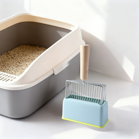 Uutvery Metal Cat Litter Scoop, Large Wooden Handle Litter Shovel with Storage Base, Sifter Scoop for Clumping Litter, Gray Pink Blue, 11.02x6.69 Inches