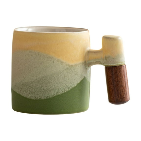 Uutvery Mini Cute Coffee Cup With Wooden Handle, Rough Pottery Tea Cup and Sea Theme Gradient Glaze Mug, Exquisite Small Cup For Home Office, 3.3x2.1in
