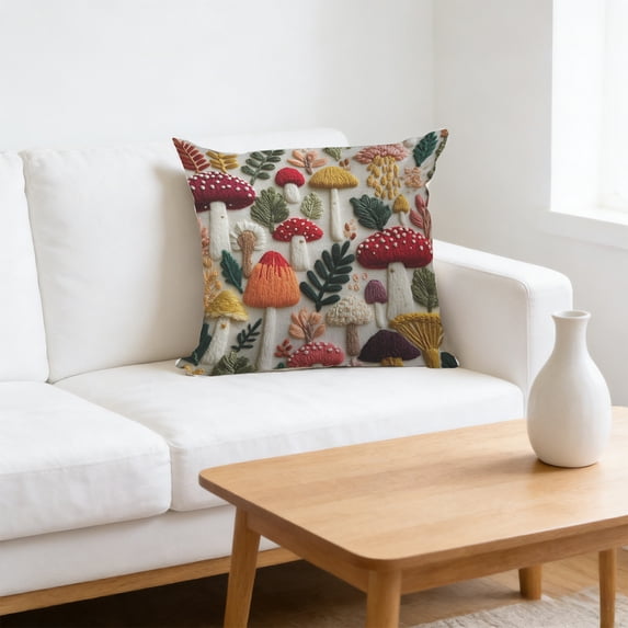 Uutvery Nature Themed Faux Embroidery Pillow Cover, Mushroom Tree Textured Print Cushion Case, Polyester Decorative Throw Pillow, for Living Room Sofa Bed Decor