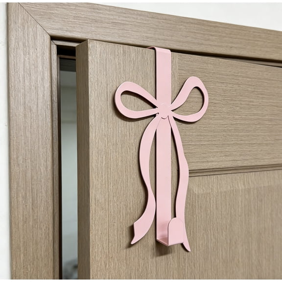 Uutvery Pink Bow-Shaped Steel Hook, Over Door Wall Mounted Hanger for Towels Bags Hats, Bedroom Bathroom Entryway Storage, 7.09x1.77 Inches