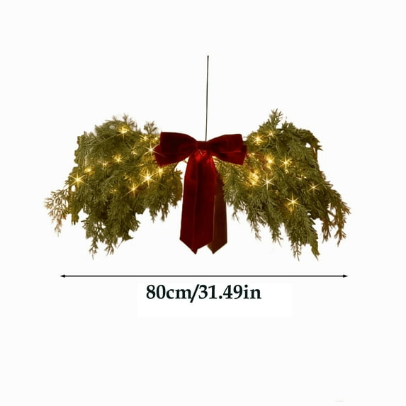 Uutvery Pre-Lighted Christmas Swag with Ribbon Bow,Cedar Swag Decor,31.5" Cedars Pine Swags with Red Bow for Home Fireplace Wall Window Door Christmas Decoration(Type 5 Battery)