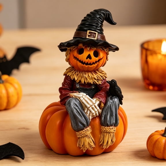 Uutvery Pumpkin Scare crow Figurine with Witch Hat, Whimsical Halloween Decor for Kitchen Counter or Bookshelf Styling