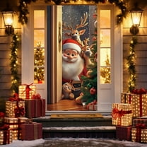 Uutvery Santa Claus Reindeer Door Decor, Christmas Front Door Hanging Cover, Holiday Party Banner for Xmas, Seasonal Display for Indoor Outdoor, 72.83x35.43 inches