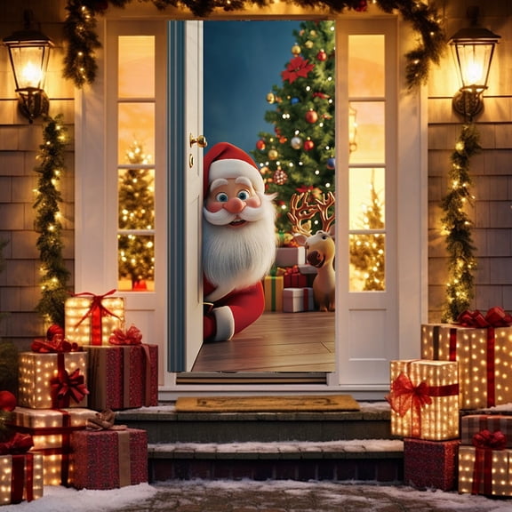 Uutvery Santa Claus Reindeer Door Decor, Christmas Front Door Hanging Cover, Holiday Party Banner for Xmas, Seasonal Display for Indoor Outdoor, 72.83x35.43 inches