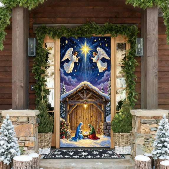 Uutvery Seasonal Display Banner,Christmas Door Cover 35x71 Inch with Tree Santa Claus Snowman Nativity Scene Religious Decoration for Outdoor Holiday Festival Party Decoration