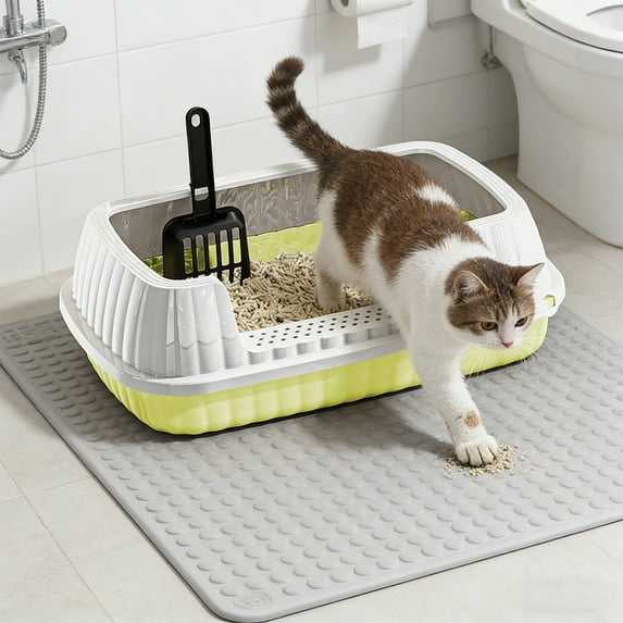 Uutvery Semi-Enclosed High Sided Cat Litter Box, Splash-Proof Design Litter Pan with Scoop, 18.9x12.6x6.1 Inches Plastic Tray for Home