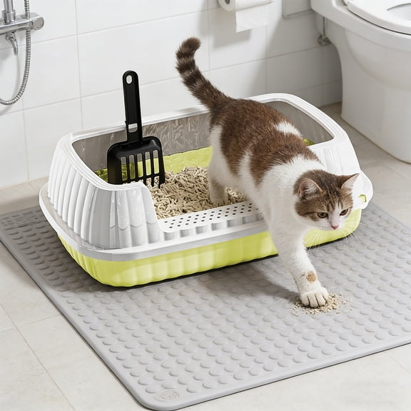 Uutvery Semi-Enclosed High Sided Cat Litter Box, Splash-Proof Design Litter Pan with Scoop, 18.9x12.6x6.1 Inches Plastic Tray for Home