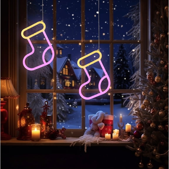 Uutvery Socks Hat Glove Shaped Christmas LED Decorative Lights,LED Neon Lights for Shopping Mall Room Bedroom Layout Hanging Lamp,USB Powered,Xmas Decorations 8.3x7.5 Inch White Holiday Party