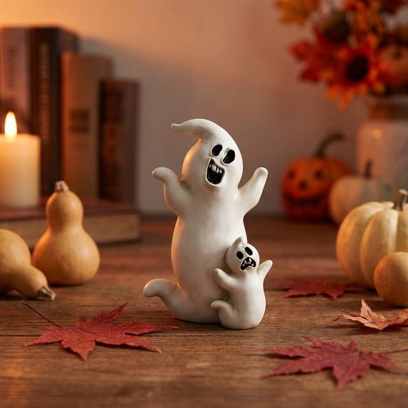 Uutvery Spooky Resin Figurine, Witch with Staff, Arched Black Cat, Stacked Pumpkins or Ghost Pair, Matte Finish for Halloween Tabletop and Mantel Decor