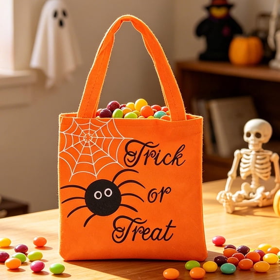 Uutvery Spooky Soft Sturdy Halloween Treat Tote Bag, Assorted Orange Spider Web or Black Pumpkin Design for Doorstep Gifting and Party Table Display