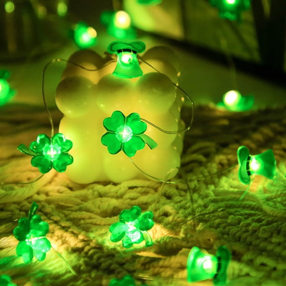 Uutvery St. Patrick's Day LED String Lights, Green Clover Leprechaun Hat Design, Battery-Operated, Copper Wire Material, 10 Feet Long, for Holiday Home Decor Party Lighting Outdoor