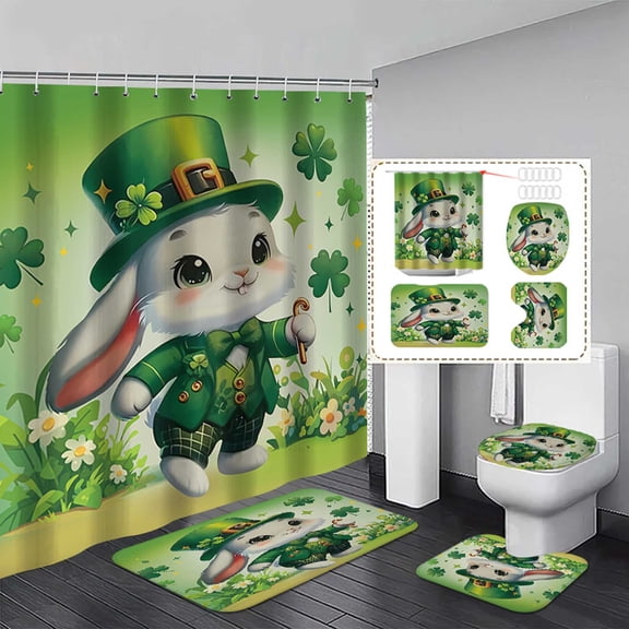 Uutvery St. Patrick's Day Shower Curtain 4-Piece Set, Green Four-Leaf Clover Design, Waterproof Bathroom Decor, Durable Polyester Material, 107.87x78.74 Inches, for Holiday Bathroo...