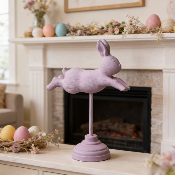 Uutvery Standing Flying Wooden Bunny, Carved Rabbit Figurine for Easter Decor, White Wood Bunny Ornament for Shelf Mantel, Spring Home Accent Statue, 8.3x6.6x2.7 Inches