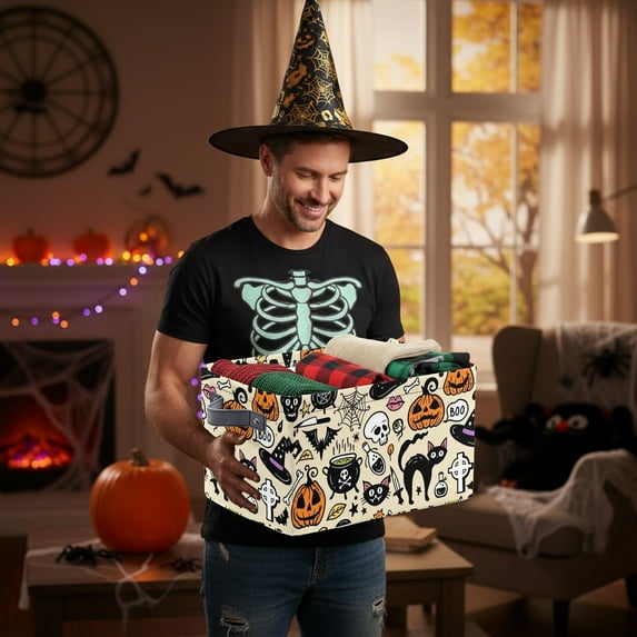 Uutvery Storage Basket with Handles, Halloween Ghost Basket,Pumpkin Black Bat Boo Spooky Basket,Foldable Halloween Gifts Storage Bins Boxes for Party Home Office Toys Bedroom Decor