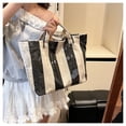 thumbnail image 1 of Uutvery Striped Waterproof Tote Bag, PVC Coated Shopping Bag with Letters Print, Large Handbag for Women, Practical Gift for Daily Use, 1 of 9