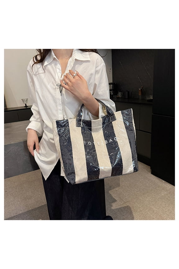 Striped Waterproof Tote Bag, PVC Coated Shopping Bag with Letters Print, Large Handbag for Women, Practical Gift for Daily Use