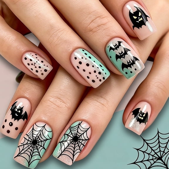 Uutvery Stylish Sparkly Stretch-Fit Halloween Nail Tips and Festive Press-on Manicure Set, Assorted Bat Spiderweb Polka Dot Ghost Design for Party Ready Glamour, Seasonal Gift Giving