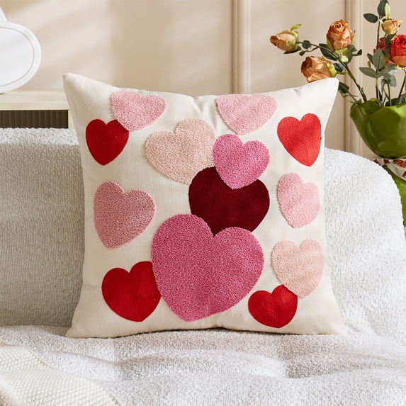 Uutvery Valentine's Day Heart Embroidered Pillowcase, Polyester Throw Pillow Cover for Sofa Bed, 17.7x17.7 Inches Home Holiday Decor, Machine Washable