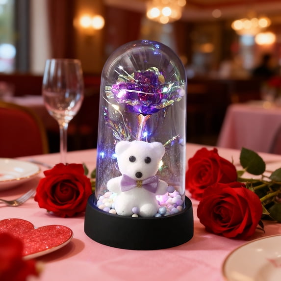 Uutvery Valentine’s Day Preserved Flower Bear Bow Rose Ornament, Acrylic Dome Night Light with LED, Holiday Gift Home Decor, 6.10x3.35 Inches