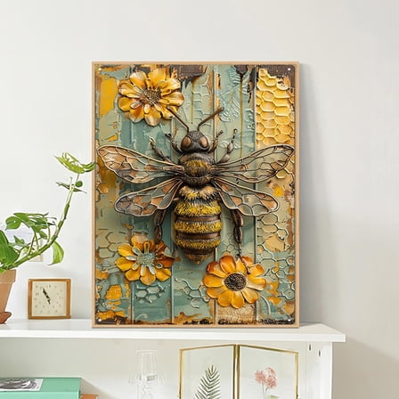 Uutvery Vintage Tin Bee Sign Wall Decor,Durable Wall Hanging Plaque,Aluminum Tin Sign,2D Flat with 3D Visual Effect Bee Flowers Decor for Home Kitchen,Retro Metal Bee Art for Home Bar Decor