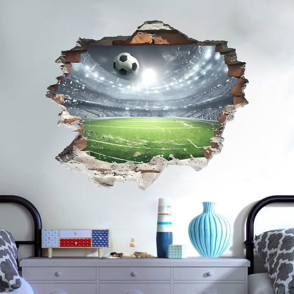 Uutvery Wall Breaking Football Field Wall Sticker, 26x23 Inch PVC Decal for Door Window, Soccer Stadium Mural for Fan Room Decor, Peel and Stick Wall Art
