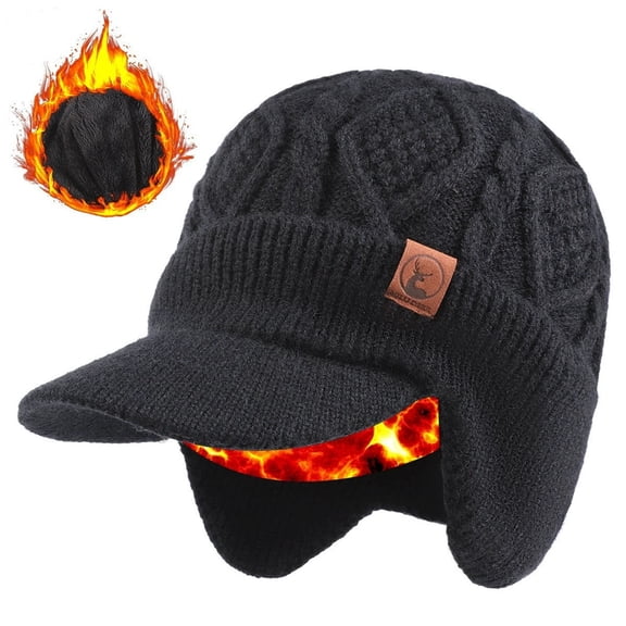 Uutvery Winter Hat with Ear Protection Visor, Thick Warm Lined Knit Beanie Cold Weather, Windproof Cold Resistant Unisex Cap, Outdoor Activity Hat Travel Cycling