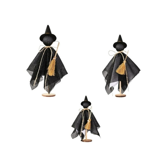 Uutvery Wooden Ghost Figurines Set of 3,Black Fabric Ghost Figures with Broom,Black Witches with Hat,Rustic Wood Base Table Decor,Spooky Haunted House Decorations for Indoor Home,Porch,Tabletop