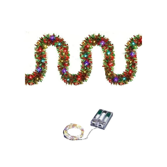 Uutvmp 16.4FT Prelit Christmas Tinsel Garland, Multicolor Metallic Twist Tinsel Garland with LED Lights, Battery Operated Hanging Garland Decoration for Christmas Tree Stairs Decoration