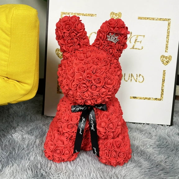 Uutvmp 17.7 Inch Romantic Rose Bunny for Women Valentines Day Foam Rabbit Gift with Ribbon Bow Hand Made Flower Decoration for Girlfriend Girls Wife Wedding Birthday Party