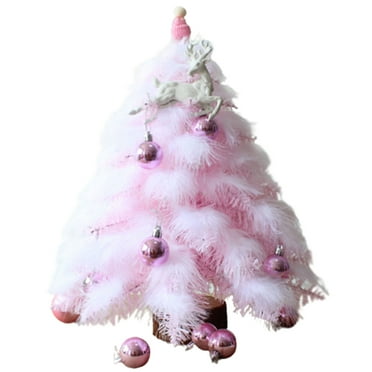 Uutvmp 18inch Mini Pink Christmas Tree, Tabletop Artificial Xmas Tree with Feather Leaf, LED String Lights, Tiny Knitted Hat and Reindeer Sign for Home, Party Holiday Decoration