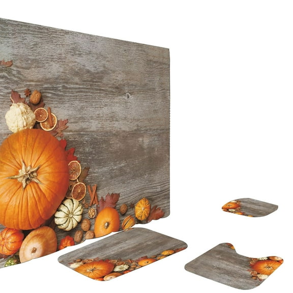 Uutvmp 4Pcs Fall Thanksgiving Shower Curtain Set with Non-Slip Rug, Toilet Lid Cover and Bath Mat, Maple Leaf Pumpkin Halloween Decorations Party Outside Fall Decor Home Office Decor