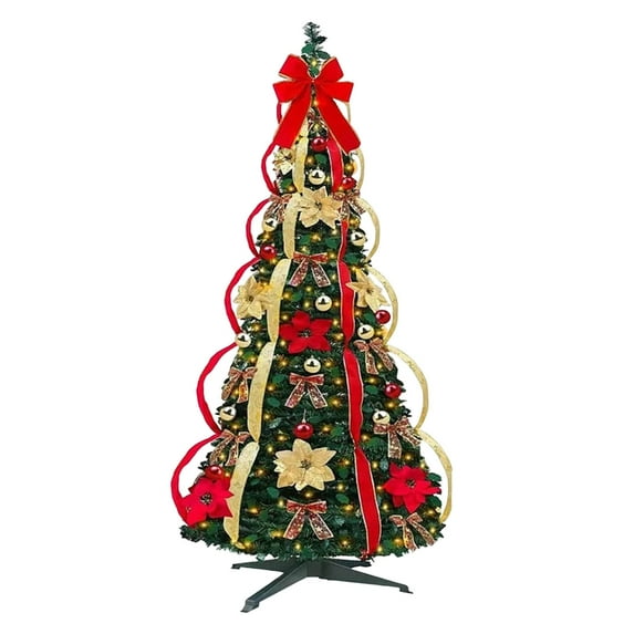 Uutvmp 5 Ft Prelit Full Pop Up Christmas Tree with Warm White LED Lights, Ornaments, Red & Gold Ribbon, Bows, Plug in Collapsible Christmas Trees Outdoor Indoor Christmas Decor
