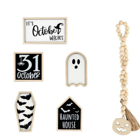Uutvmp 6Pcs Halloween Tiered Tray Decor Set, Apothecary Potion Bottles,Bat Coffin, Ghost,and Halloween Wood Signs & Bead Garland, Farmhouse Decoration for Tiered Tray Table Home Party Decor