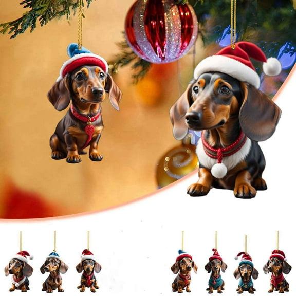 Uutvmp 7Pcs Christmas Dachshund Pendants, Christmas Dachshund Ornaments, 2D Acrylic Christmas Dog Ornaments, Christmas Dachshund for Car, Backpacks, Doors