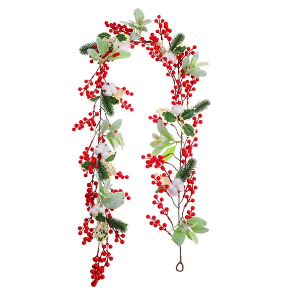 Uutvmp Artificial Christmas Garland, 6.4FT Winter Red Berry Garland with Cotton Holly Leaves, for Christmas Table Fireplace Wall Home Decoration