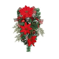 Uutvmp Artificial Christmas Teardrop, Hanging Christmas Swag with Christmas Red Flowers, Winter Pine Needles Poinsettia Wreath Swag for Wall Front Door Lintel Festival
