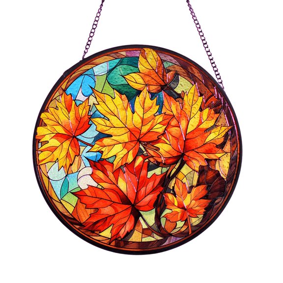Uutvmp Autumn Stained Glass Window Hanging, 8 Inch Maple Leaves Suncatchers for Windows Fall Decorative Hanging Ornaments