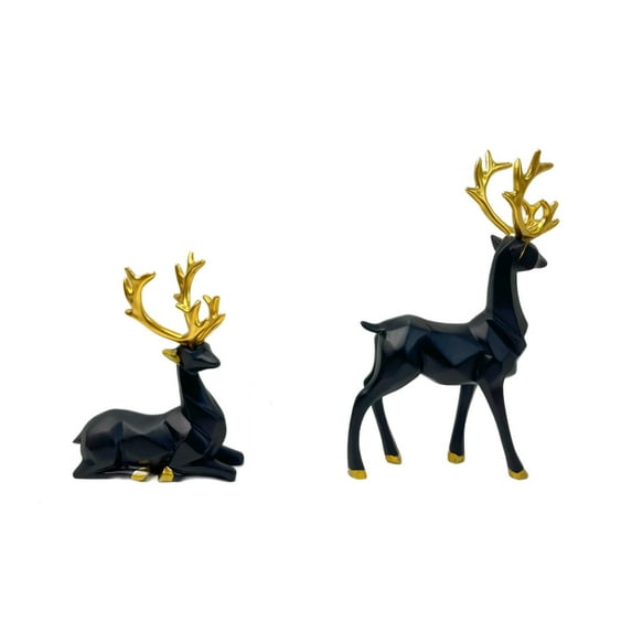 Uutvmp Black Reindeer Sculpture, 2Pcs Black Deer Figurines for Table Top Decor, Rustic Elk Figurine for Display Shelf, Small Cute Reindeer Statue Decor for Living Room Fireplace