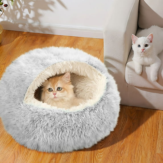 Uutvmp Cat Bed Round Plush Fluffy Hooded Cat Bed Cave, Cozy for Indoor Cats or Small Dog Beds, Soothing Pet Beds Doughnut Calm Anti-nxiety Dog Bed, Waterproof Bottom Washable