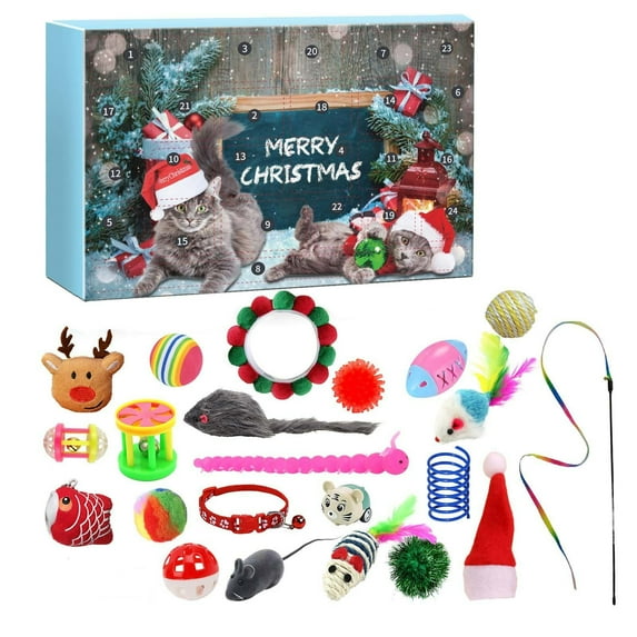 Uutvmp Cat Toys Advent Calendar 2024 Christmas, 24Pcs Interactive Kitten Toys Cat Collars Assortments Cat Feather Teaser Wand, Catnip Fish, Mice, Balls and Bells for Puppy, Kitty Fur Kids