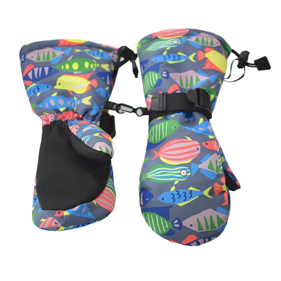 Uutvmp Children's Ski Gloves, Non-slip and Waterproof Winter Warm Gloves for Snowboarding, Colorful Fish