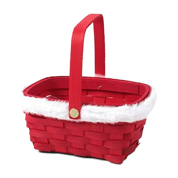 Uutvmp Christmas Baskets for Gifts, Empty Handmade Woven Gift Basket with Wooden Handle & Soft White Fur Edges, Small Storage Container for Xmas Holiday Party Organizing Fruit Candy