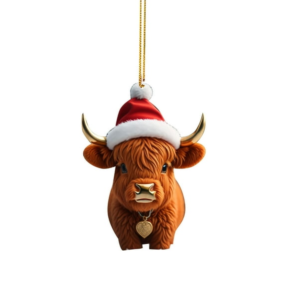Uutvmp Christmas Ornaments, Ornaments for Crafts Christmas Hat Cow Decoration, 2D Acrylic Christmas Animal Ornaments, Cute Cartoon Designs Highland Cow Ornaments for Christmas Tree